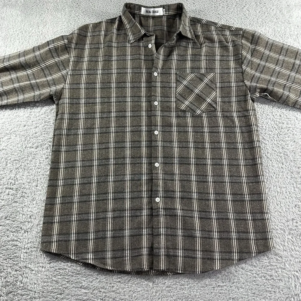 Real Takai Shirt Mens XL‎ Brown Plaid Earth Tones Button Up Long Sleeve NWOT